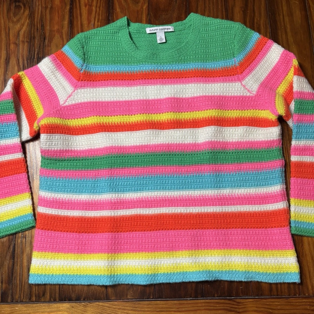 Autumn Cashmere 100% Pure Cashmere Colorful Rainbow Candy Stripe Sweater S New